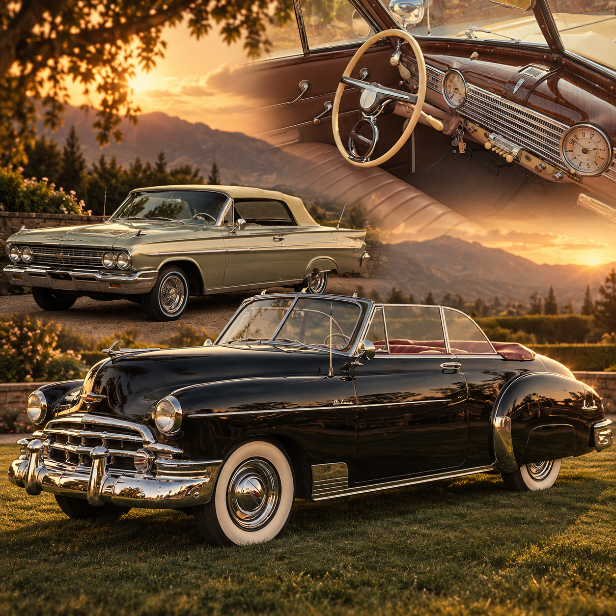 Classic Chevrolet convertibles and a vintage dashboard showcased at golden hour.